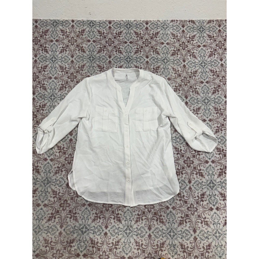 3rd + Malt White Button Up Blouse 3/4 Roll Tab Sleeve Pockets MT1156 Medium